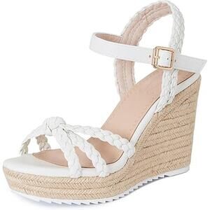 Mikarka Womens Size 9 White Open Toe 4" Wedge Heel Ankle Strap Sandal Shoes